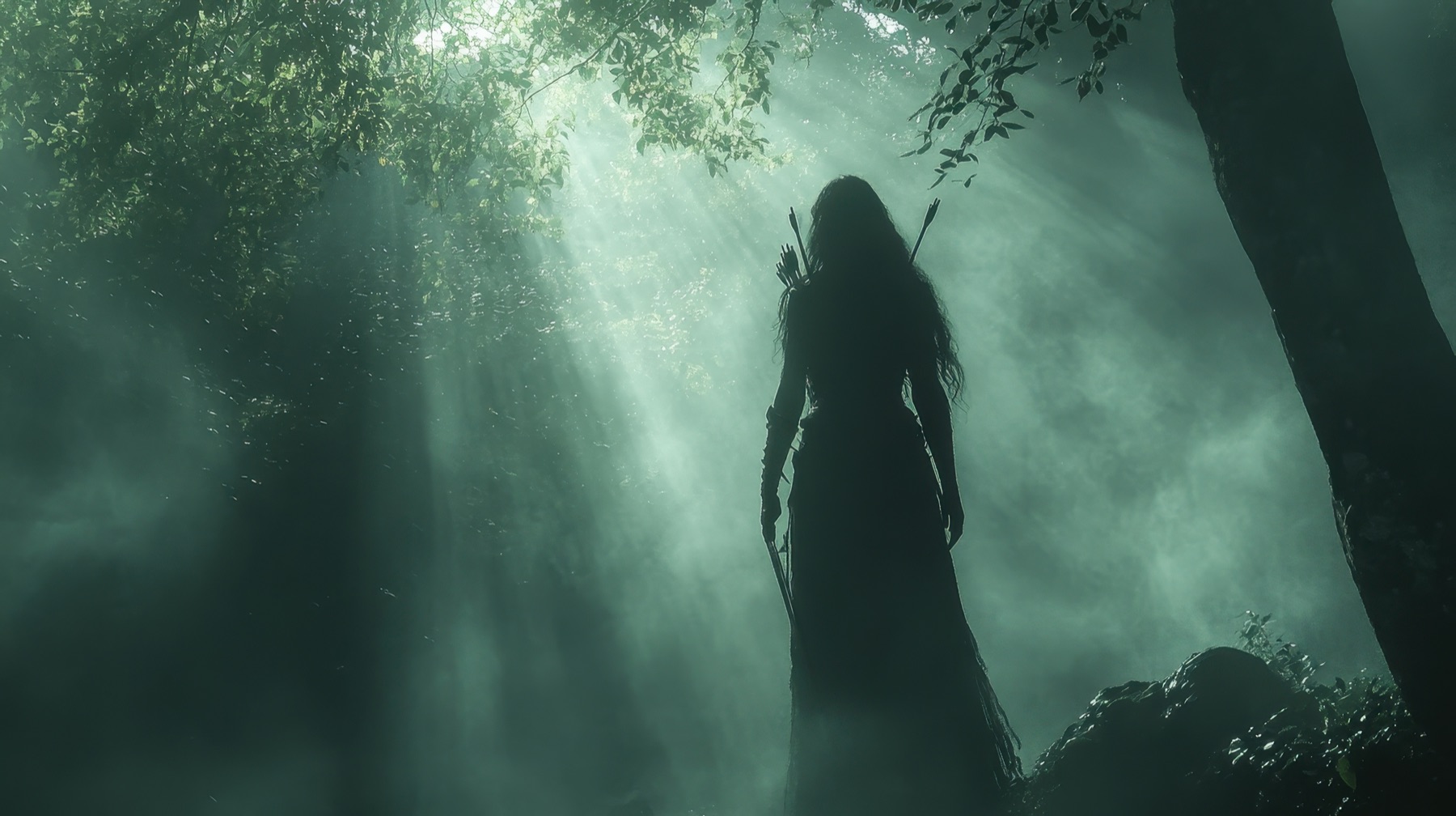 Silhouette of a woman carrying a bow and arrows in a forest, light breaking through the trees