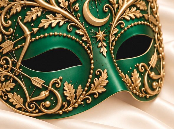 Green and gold mask of the Goddess, adorned with a crescent moon and a bow and arrow, resting on cream satin