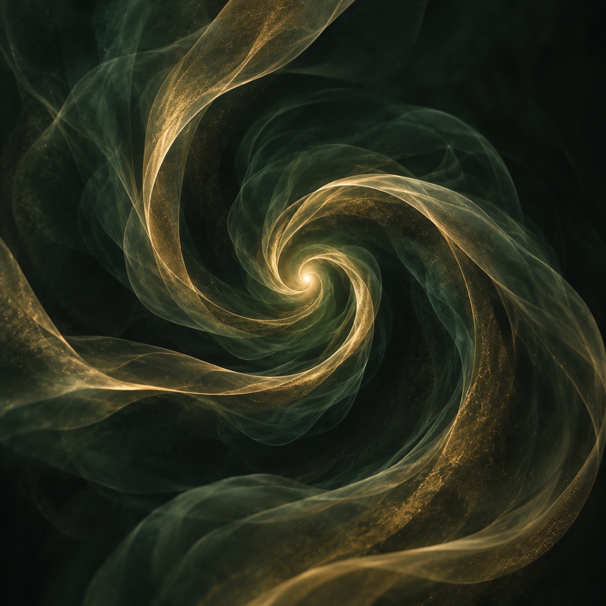 Abstract gold-and-green spiral pulling inward toward a point of light
